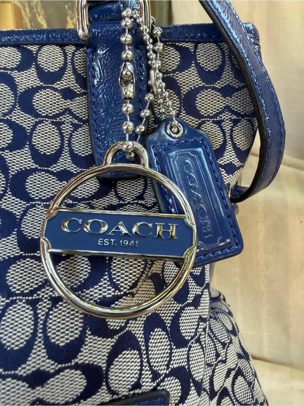 Coach Blue and White Signature Stripe Shoulder Bag